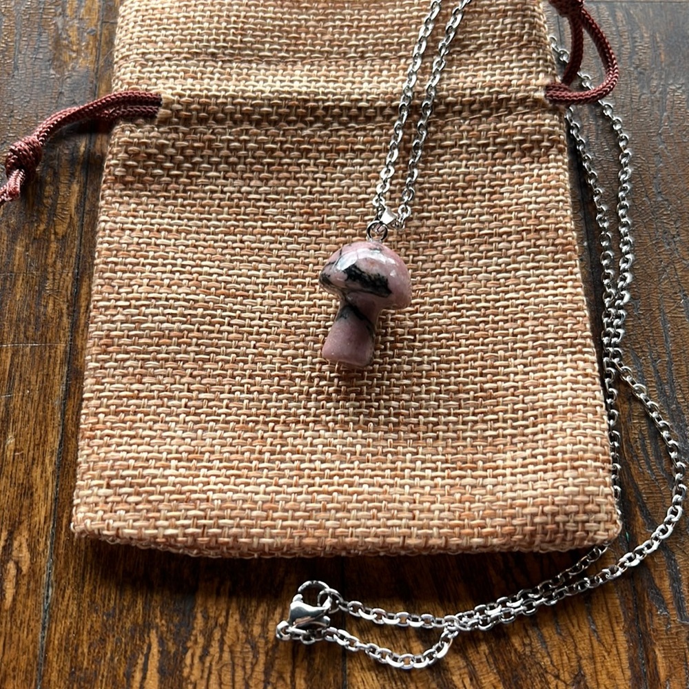 Rhodonite Mushroom Necklace | Crystal Mushroom Pendant | Boho Jewelry